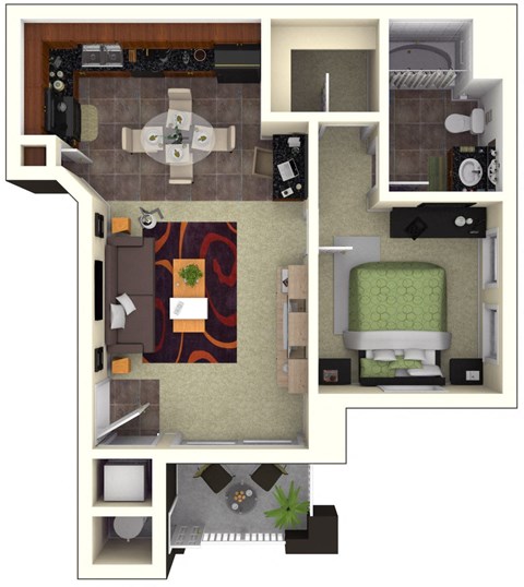Floor plan for 1 bed, 1 bath, 741 sqft